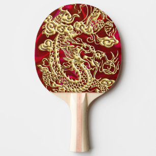 Raquette De Ping Pong Dragon d'or embouti sur papier satin rouge