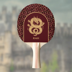 Raquette De Ping Pong Dragon d'or et étoiles et lune médiévaux sur marro