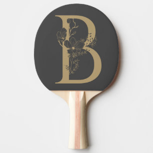 Raquette De Ping Pong Élégant B Boho Floral Monogramme initial Gris Or