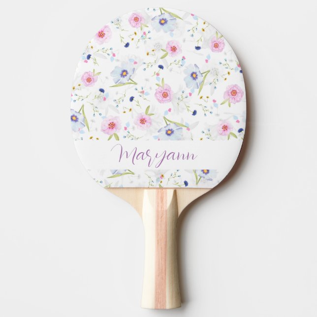 Raquette De Ping Pong Élégant bleu rose floral impression personnalisée (Devant)