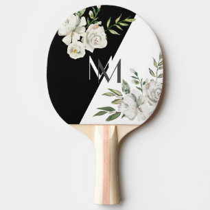 Raquette De Ping Pong Élégant Noir & Blanc Floral Initiales