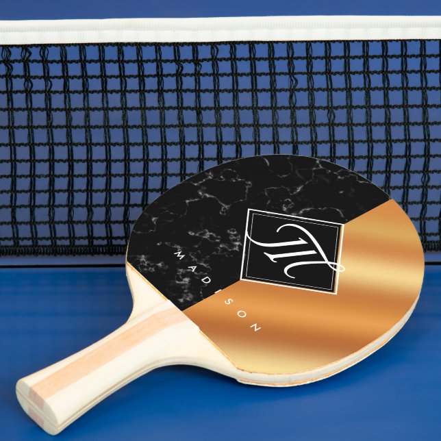 Raquette De Ping Pong Élégant noir marbre et cuivre Script Monogramme (Insitu)