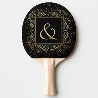 Raquette De Ping Pong Élégant or Foil Look Scrollwork Script sur noir
