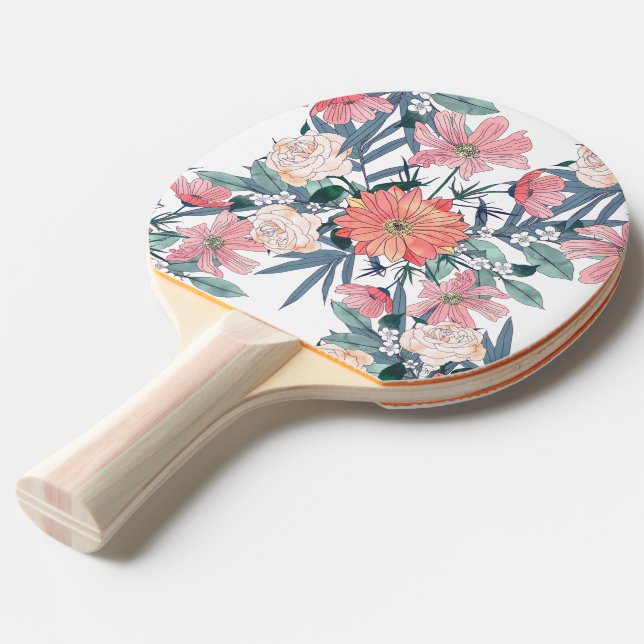 Raquette De Ping Pong Elégant rose Fleurs Aquarelle Floral (Devant Angle)