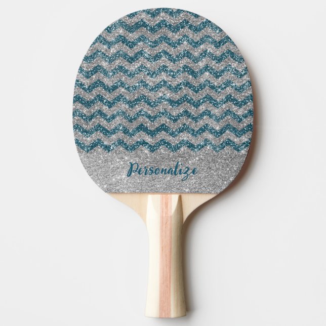 Raquette De Ping Pong Elégante Parties scintillant d'argent bleu Chevron (Devant)