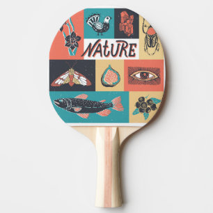 Raquette De Ping Pong Éléments de la nature, Icônes de style rétro.