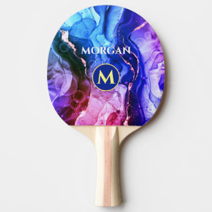 Raquette De Ping Pong Encre Liquide Violet Rouge Bleu, Monogramme & Nom