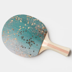 Raquette De Ping Pong Étoiles d'or chatoyantes sur Turquoise