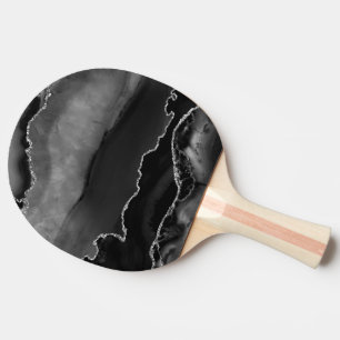Raquette De Ping Pong Fausse Agate Marbrée Noir Élégant Paillettes Argen