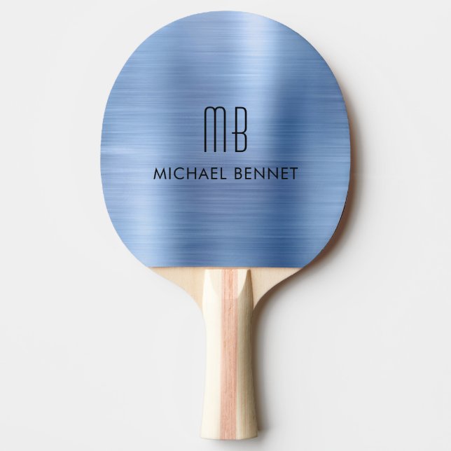 Raquette De Ping Pong Faux Bleus Bleu élégant Nom du monogramme métalliq (Devant)