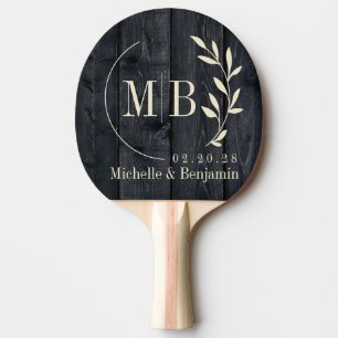 Raquette De Ping Pong Feuille de bois brûlé foncé Monogramme de mariage