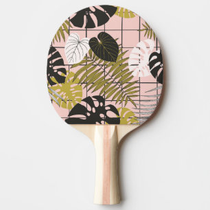 Raquette De Ping Pong Feuilles tropicaux, fleurs, motif peint à la main.