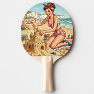 Raquette De Ping Pong Fille Pin Up Vintage Construisant un Château de Sa