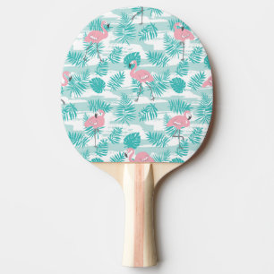 Raquette De Ping Pong flamants roses, feuilles de palmiers verts, tropic