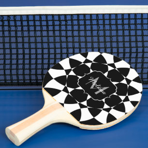 Raquette De Ping Pong Fleur blanche noire mandala mosaïque rétro Monogra