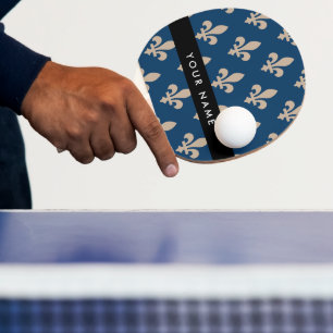Raquette De Ping Pong Fleur de Lis, Beige sur Bleu Nuit, Royal, Votre No