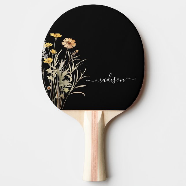 Raquette De Ping Pong Fleur sauvage Moderne Monogramme Noir Élégant (Devant)