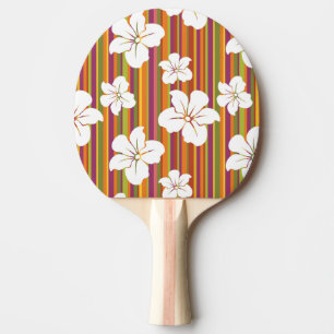 Raquette De Ping Pong Fleurs blanches sur un arrière - plan rayé