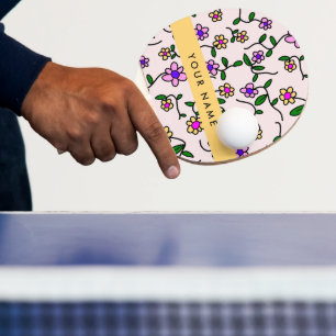 Raquette De Ping Pong Fleurs Colorées, Fond Rose, Jaune