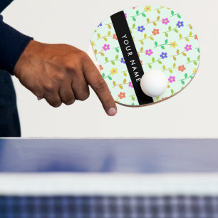 Raquette De Ping Pong Fleurs Colorées, Fond Vert Clair, Noir