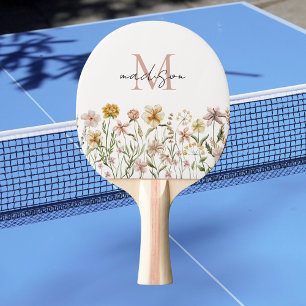 Raquette De Ping Pong Fleurs de prairie sauvage à aquarelle monogrammée