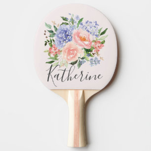 Raquette De Ping Pong Fleurs de printemps bleu rose à aquarelle personna
