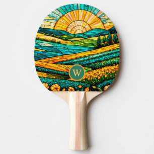 Raquette De Ping Pong Fleurs dorées Campagne verte Faux vitrail
