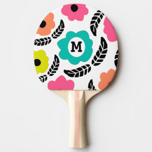 Raquette De Ping Pong Fleurs lumineuses modernes et monogramme à feuille