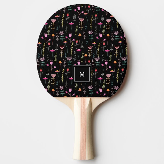 Raquette De Ping Pong Fleurs sauvages de néon sur noir, (Devant)