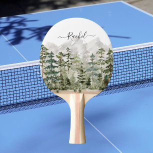 Raquette De Ping Pong Forêt de pins verts aquarelle Monogram sur montagn