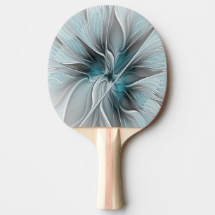 Raquette De Ping Pong Fractal Floral Moderne Abstrait Fleur Bleu Gris