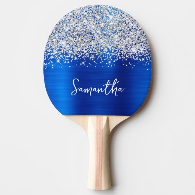 Raquette De Ping Pong Glittery Argent Royal Blue Glam Nom (Devant)