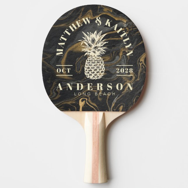 Raquette De Ping Pong Gold Black Marble Tropical Pineapple Wedding Crest (Devant)