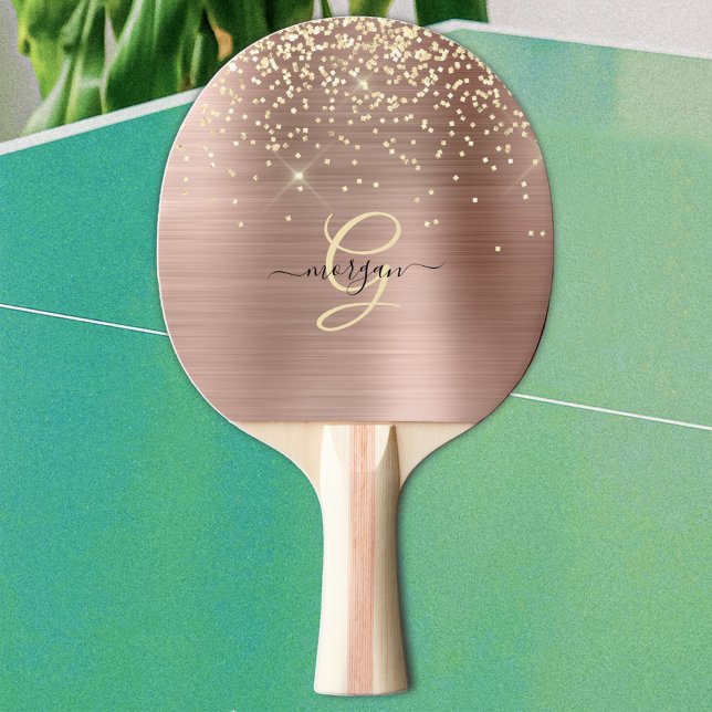 Raquette De Ping Pong Gold Glitter, Gold Monogram, Black Script Name (Créateur téléchargé)