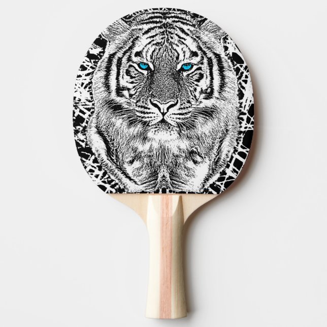 Raquette De Ping Pong Graphique noir et blanc de tigre d'yeux bleus (Devant)