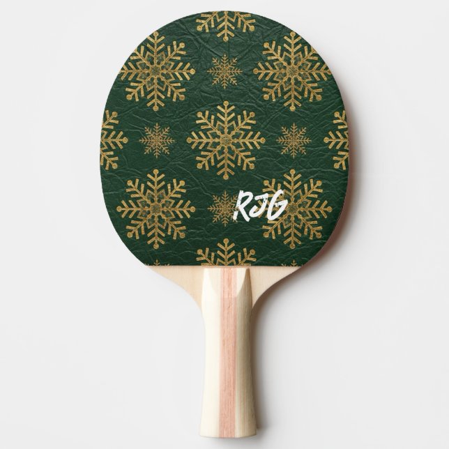Raquette De Ping Pong Green Leather Tooled with Gold Snowflakes Initials (Devant)