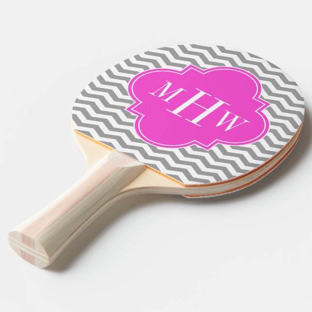 Raquette De Ping Pong Gris Chevron Rose Chaud Quatrefoil 3 Monogramme Tn (Devant Angle)