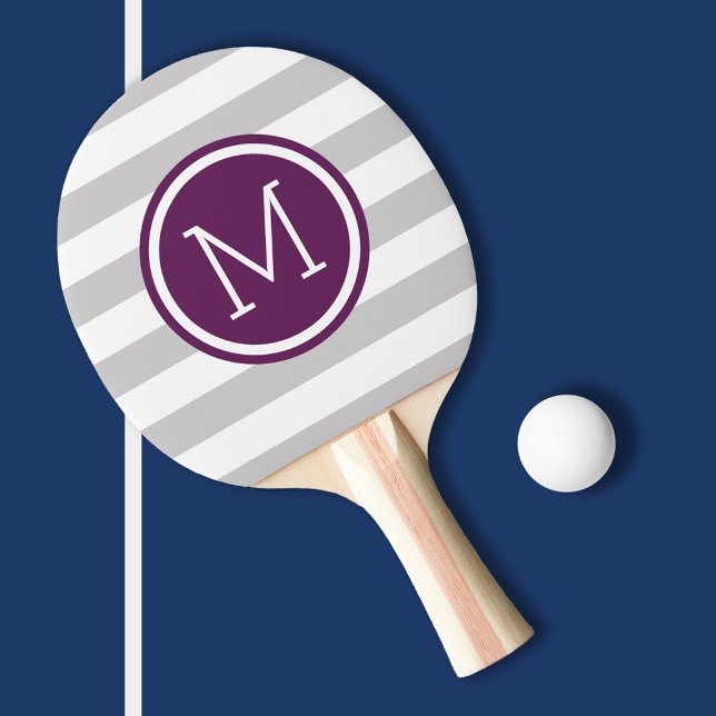 Raquette De Ping Pong Gris et pourpre Rayures de preppy Monogramme (Créateur téléchargé)