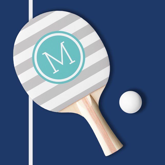 Raquette De Ping Pong Gris et turquoise Rayures de preppy Monogramme (Créateur téléchargé)