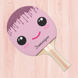 Raquette De Ping Pong Happy Kawaii Face Faux Glitter Customizable Name 