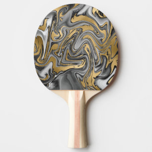 Raquette De Ping Pong Huile Noire, Blanc Et Or Marbré Slick Abstrait
