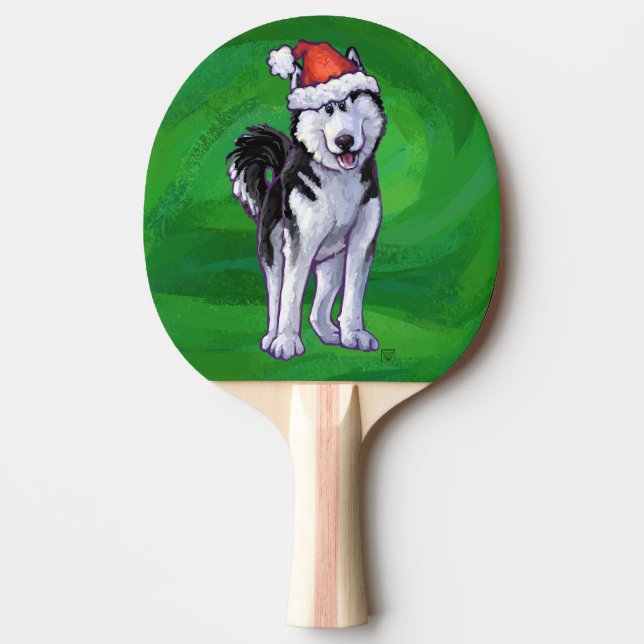 Raquette De Ping Pong Husky festif à Santa Hat sur Vert (Devant)