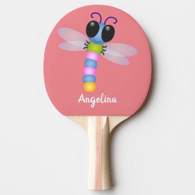 Raquette De Ping Pong Illustration d'une libellule bleu et rose (Devant)
