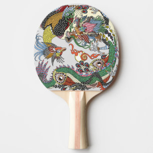 Raquette De Ping Pong Jade Dragon et Gold Phoenix jouant avec une perle 