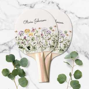 Raquette De Ping Pong Jardin de fleurs sauvages à aquarelle personnalisé