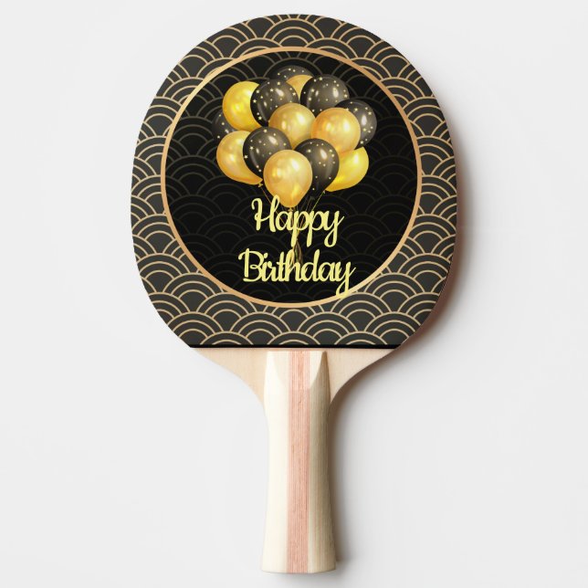 Raquette De Ping Pong Joyeux anniversaire, élégant noir et or, (Devant)