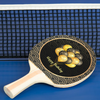 Raquette De Ping Pong Joyeux anniversaire, élégant noir et or,