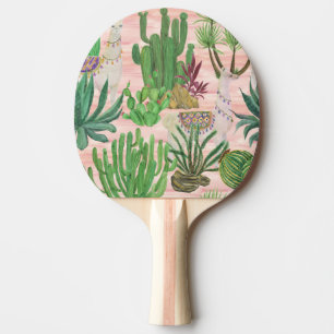 Raquette De Ping Pong Lamas aquarelle et motif cactus.
