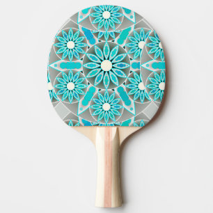 Raquette De Ping Pong Mandala motif, turquoise, gris argenté et blanc