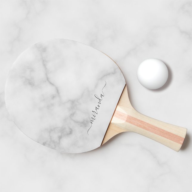 Raquette De Ping Pong Marbre blanc de nom personnalisé de script moderne (Créateur téléchargé)